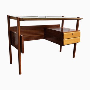 Mid-Century Italian Art Deco Style Walnut Desk with Glass Top, 1960s