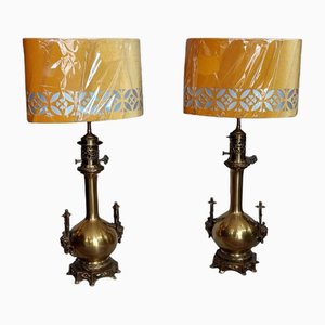 Lámparas de mesa de latón de principios del siglo XX, década de 1890. Juego de 2