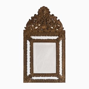 French Brass Repoussé Cushion Mirror with Crest, 1800s
