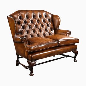 Antique Hand Dyed Leather Wing Back Sofa, 1880