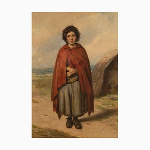 Octavius Oakley RWS, Una chica con un manto rojo, mediados del siglo XIX, acuarela, enmarcado