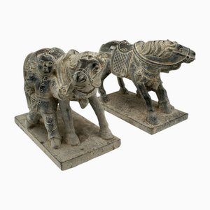 Fermalibri vintage a forma di cavallo in pietra orientale, 1980, set di 2