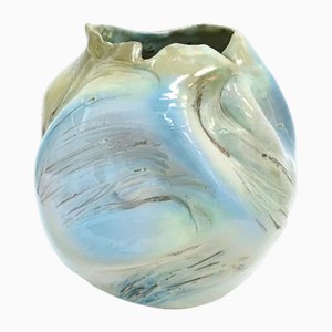 Postmodern Handmade Sculptural Iridescent Green and Blue Glazed Earthenware Vase, Italy, 1960s