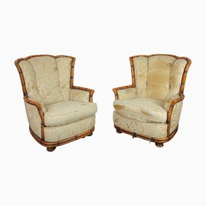 Set of Wood & Fabric Armchairs, Italy, 1960s