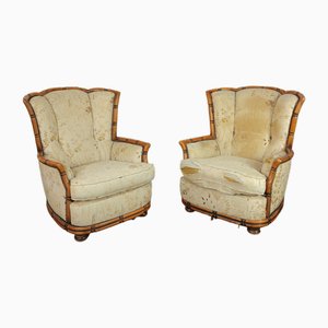 Wood & Fabric Armchairs, Italy, 1960s, Set of 2