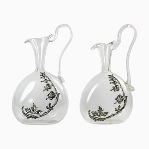 Vintage Glass Jugs with Silver Decorations, Italy, 1970s, Set of 2