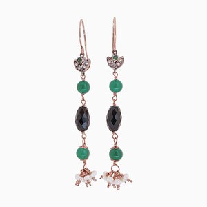 Green Agate, Onyx, Emeralds, Diamonds, Pearls, Rose Gold and Silver Earrings, 1950s, Set of 2