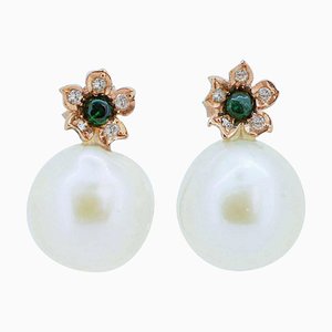 Emeralds, Pearls, Diamonds, Rose Gold Earrings, Set of 2