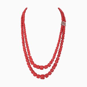 Collana in corallo, diamanti, oro rosa e argento