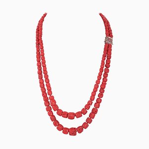 Coral, Diamonds, Rose Gold and Silver Necklace