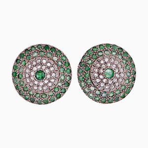 Emeralds, Diamonds, Rose Gold and Silver Earrings, Set of 2