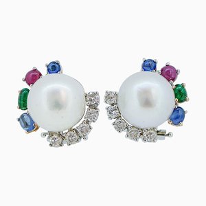Boucles d'Oreilles en Or 18 Kt, Perles des Mers du Sud, Rubis, Émeraudes, Saphirs, Diamants, 1970s, Set de 2