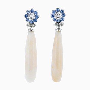 Aretes colgantes de oro blanco de 14 kt, diamantes, zafiros rosa, años 50. Juego de 2