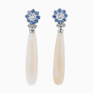 Pink Coral, Sapphires, Diamonds, 14 Karat White Gold Dangle Earrings, 1950s, Set of 2
