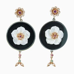 Boucles d'Oreilles en Onyx, Pierres Blanches, Diamants, Rubis, Émeraudes, Or Rose et Argent, 1960s, Set de 2