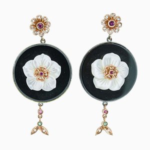 Onyx, White Stones, Diamonds, Rubies, Emeralds, Rose Gold and Silver Earrings, 1960s, Set of 2