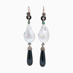 Pearls, Emeralds, Onyx, Sapphires, Diamonds, Rose Gold and Silver Earrings, 1950s, Set of 2