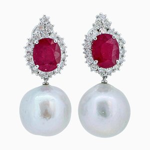 Boucles d'Oreilles Pendantes Perles Grises, Rubis, Diamants, Platine et Or Blanc 14 Kt, 1960s, Set de 2