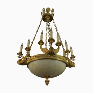 Large Empire Style Alabaster and Bronze 16-Light Chandelier, 1890s
