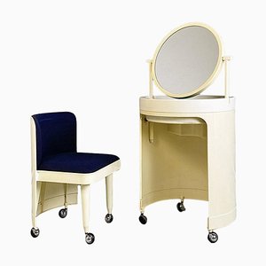 Modern Italian White Plastic Blue Velvet Make-Up Dressing Table with Chair, 1980s, Set of 2