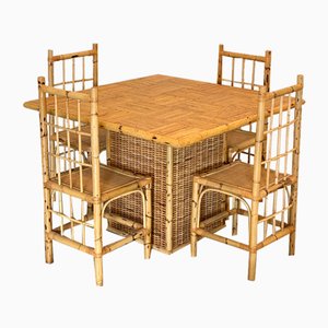 Table and Chairs in Wicker and Bamboo, Set of 5