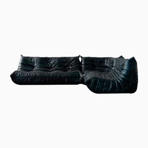 Modular Togo Sofa in Dark Green Leather by Michel Ducaroy for Ligne Roset, 1990s, Set of 3