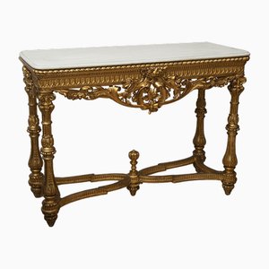 19th Century Napoleon III French Console in Golden and Carved Wood with White Marble Top