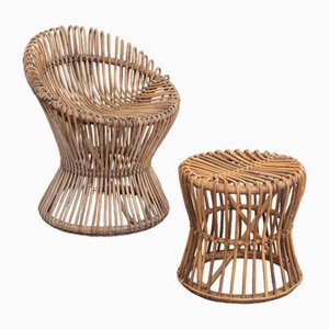 Armchair and Pouf in Rattan attributed to Franco Albini, 1950s, Set of 2