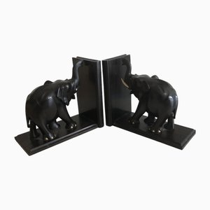 Anglo-Indian Style Elephant-Shaped Bookends in Ebony, 1890s, Set of 2