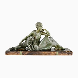 Armand Godard, Sculpture Art Déco de Dame à la Panthère, 1930, Sculpture en Métal