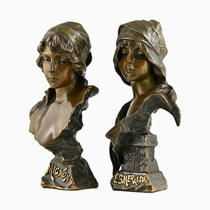 Emmanuel Villanis, Jugendstil Büsten von Mignon & Esmeralda, 1896, Bronze, 2er Set