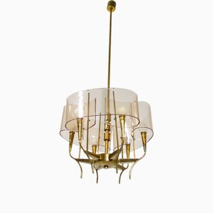 Vintage Pendant Lamp with Violet Acrylic Glass Shades and Brass Structure from Stilux Milano, 1960s