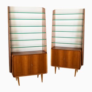 Vintage Cabinets in Walnut Wood with Crystal Shelves, 1960s, Set of 2