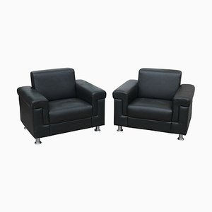 Black Leather Armchairs, 1980s, Set of 2