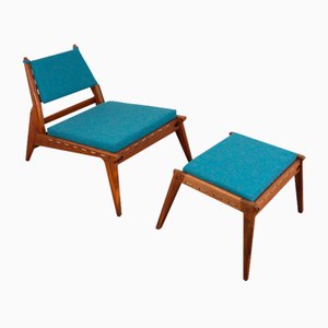 Oak Lounge Chair with Ottoman from PGH Erzgebirgisches Kunsthandwerk, Germany, 1960s, Set of 2