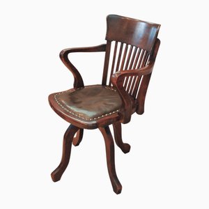 Railback Swivel Desk Chair in Oak and Leather, 1920s