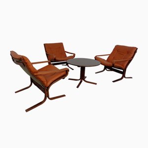 Tavolo Siesta Mid-Century e sedie in pelle di Ingmar Relling per Westnofa, anni '60, set di 4