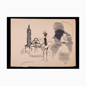 Mino Maccari, Figures in the City, Ink Drawing, 1962