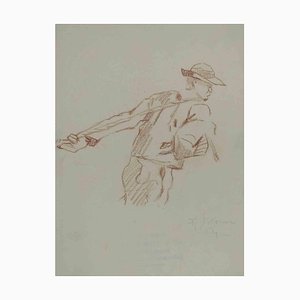 Augusto Monari, Peasant, Drawing in Pencil, Early 20th Century