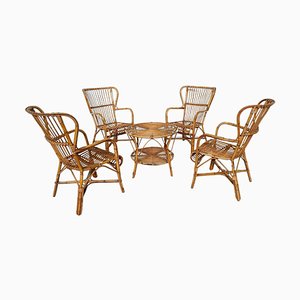 Mid-Century Modern Rattan Table and Chairs, Italy, 1970s, Set of 5