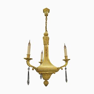 Lámpara de araña francesa estilo Luis XVI de bronce con tres luces, de principios del siglo XX