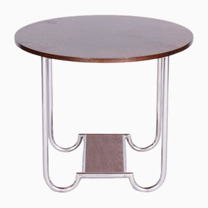 Small Bauhaus Round Oak & Chrome-Plated Steel Side Table, Czechia, 1930s