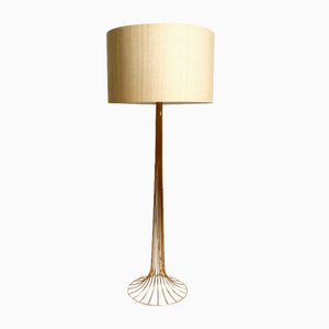 Large Metal Wire Floor Lamp with Wild Silk Shade Anodized in Gold, 1960s