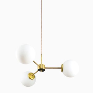 Lustre Mid-Century en Laiton et Opaline, Italie