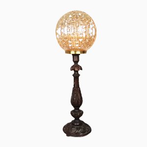 Portugiesische Mid-Century Vintage Tischlampe aus Holz & Irisierendem Glas, 1960er