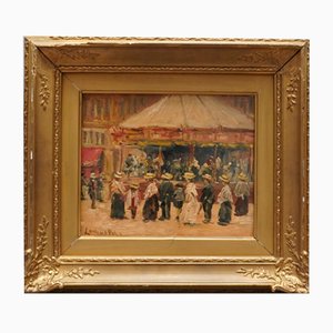 Louis Van der Pol, Street Scene with Carousel in Paris, Oil on Wood, Framed