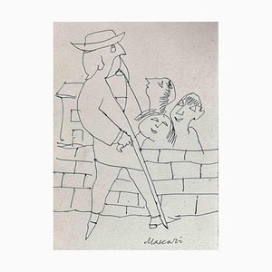 Mino Maccari, Walking Man, Ink Drawing, 1960s