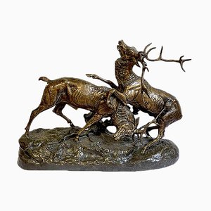 CE Masson, pelea de ciervos, década de 1800, bronce