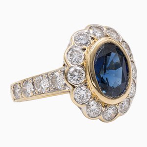 Vintage 14k Yellow Gold and Synthetic Sapphire and Diamond Daisy Ring, 1980s