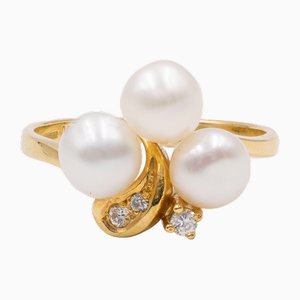 Vintage 14k Yellow Gold, Pearl and Diamond Ring, 1970s